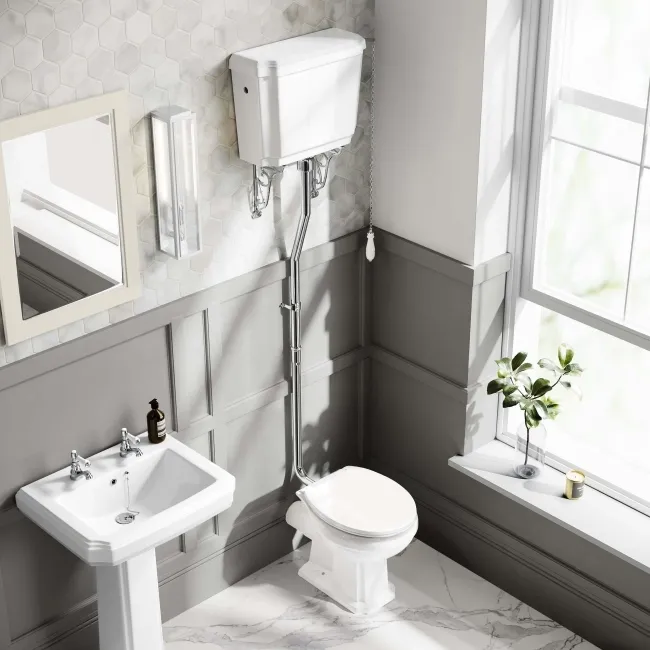 Hudson Traditional Close Coupled Toilet High-Level Cistern & Pedestal Basin Set Double Tap Hole