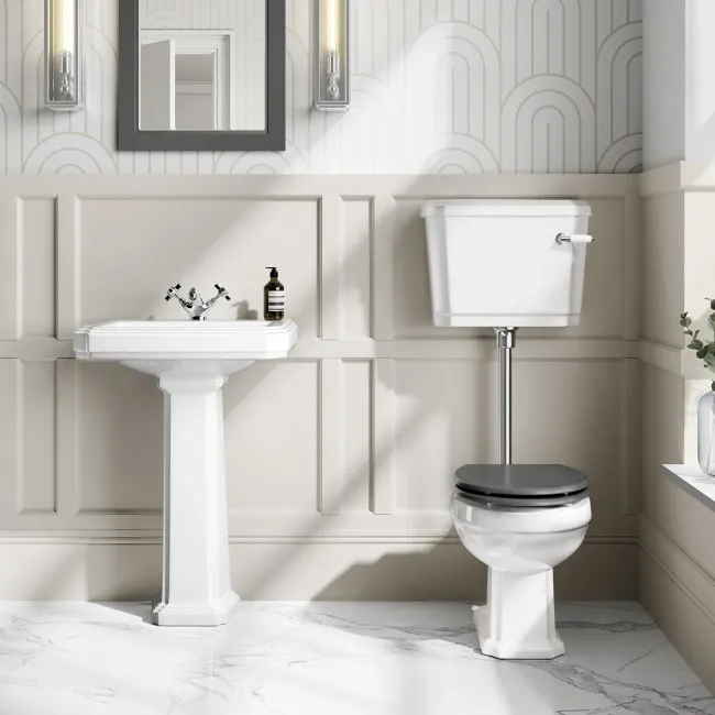 Hudson Traditional Low-Level Toilet With Graphite Grey Seat & Pedestal Basin - Single Tap Hole