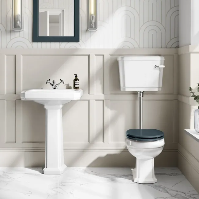 Hudson Traditional Low-Level Toilet With Inky Blue Seat & Pedestal Basin - Double Tap Hole
