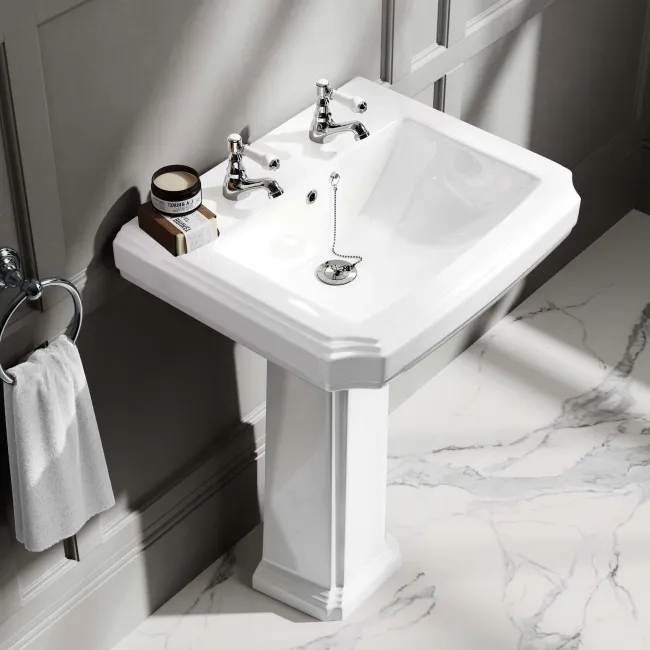 Hudson Traditional High-Level Toilet With Chalk White Seat & Pedestal Basin - Double Tap Hole