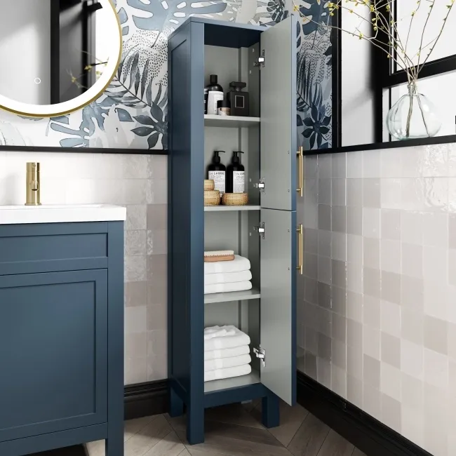 Bermuda Inky Blue Floor Standing Tall Cabinet 1500x350mm - Brass Knurled Handles