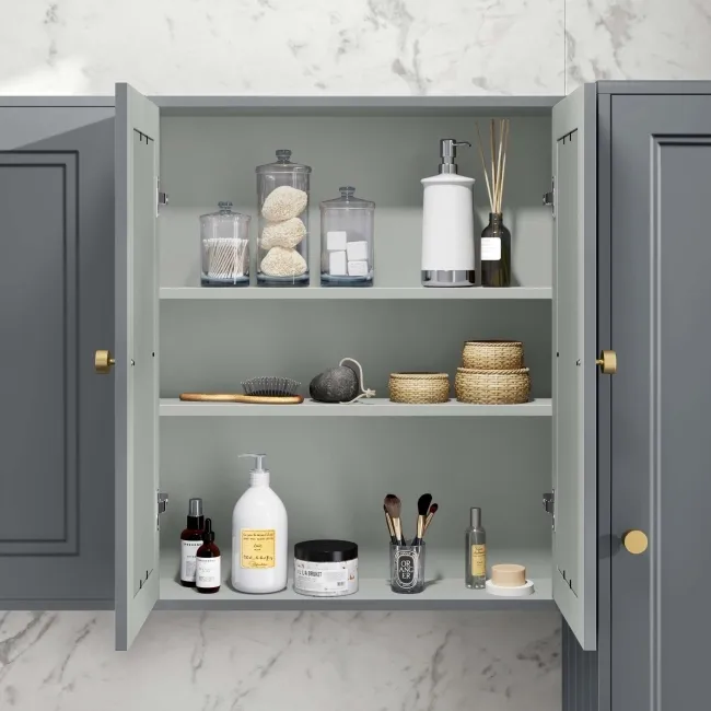 Dove Grey Wall Hung Mirror Cabinet 700x600mm - Brushed Brass Accents