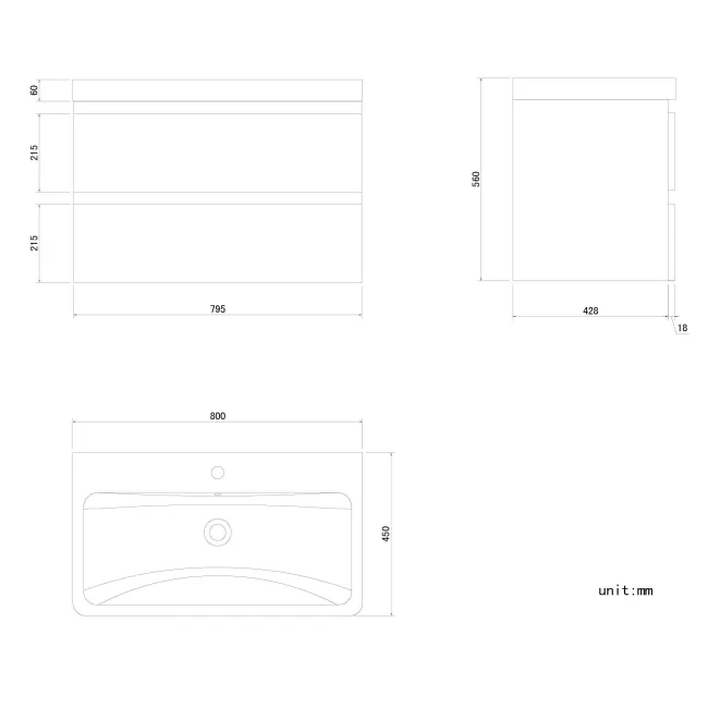 Corsica Storm Grey Wall Hung Basin Drawer Vanity 800mm