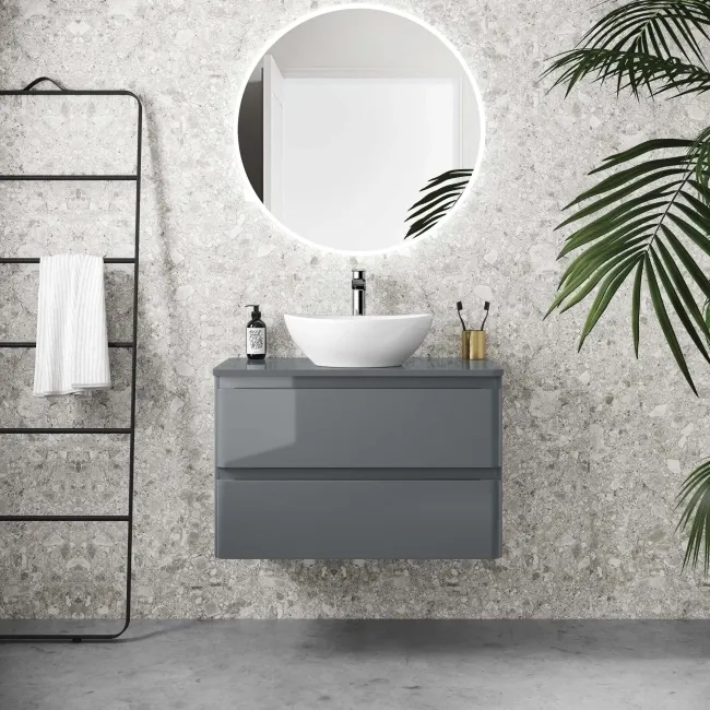 Corsica Storm Grey Wall Hung Drawer Vanity With Oval Counter Top Basin 800mm