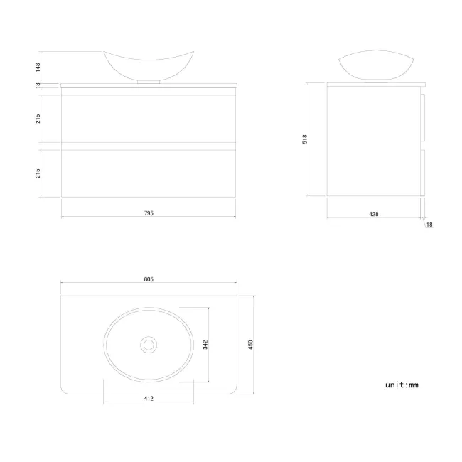 Corsica Storm Grey Wall Hung Drawer Vanity With Oval Counter Top Basin 800mm