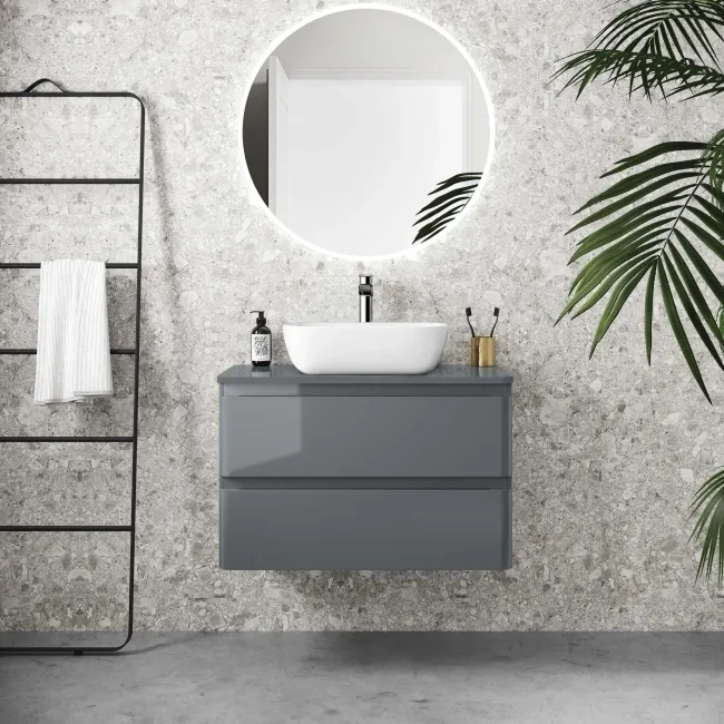 Corsica Storm Grey Wall Hung Drawer Vanity With Curved Counter Top Basin 800mm