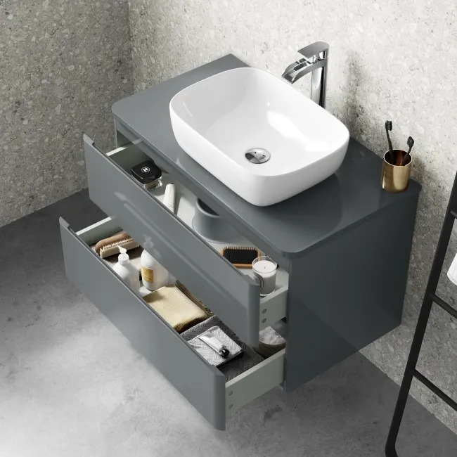 Corsica Storm Grey Wall Hung Drawer Vanity With Curved Counter Top Basin 800mm
