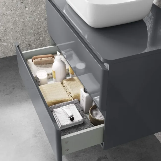 Corsica Storm Grey Wall Hung Drawer Vanity With Curved Counter Top Basin 800mm