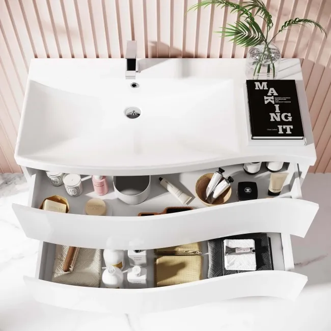 Bali Gloss White Wall Hung Basin Drawer Vanity 1000mm -left Handed