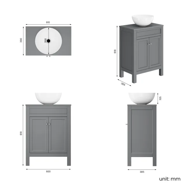 Bermuda Dove Grey Vanity With Round Counter Top Basin 600mm