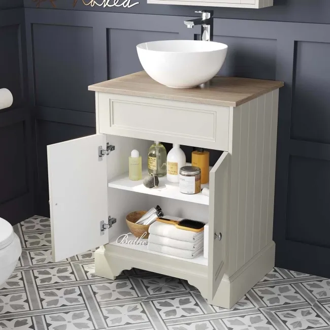 Lucia Chalk White Vanity With Oak Effect Top & Round Counter Top Basin 640mm