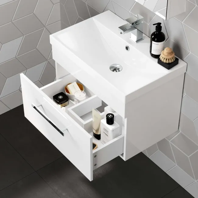 Avon Gloss White Wall Hung Basin Drawer Vanity 600mm