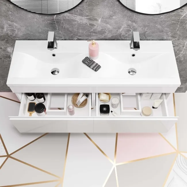 Trent Gloss White Wall Hung Double Basin Drawer Vanity 1200mm