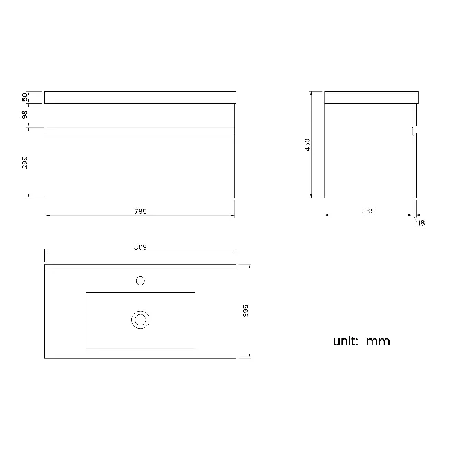 Trent Stone Grey Wall Hung Basin Drawer Vanity 800mm