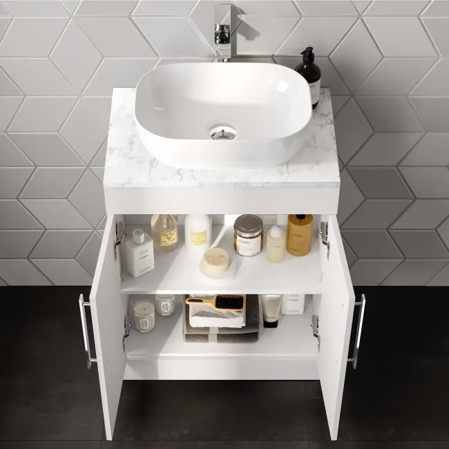Avon Gloss White Vanity with Marble Top & Curved Counter Top Basin 600mm