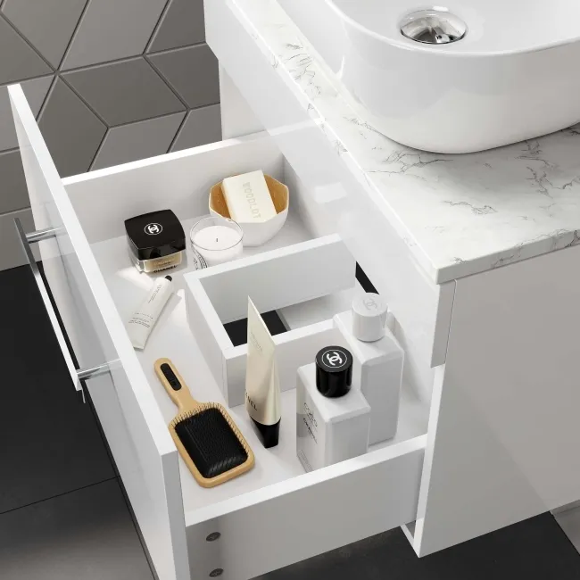 Avon Gloss White Wall Hung Drawer Vanity with Marble Top & Curved Counter Top Basin 600mm