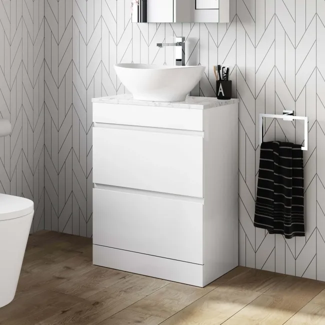 Trent Gloss White Vanity Drawer with Marble Top & Oval Counter Top Basin 600mm