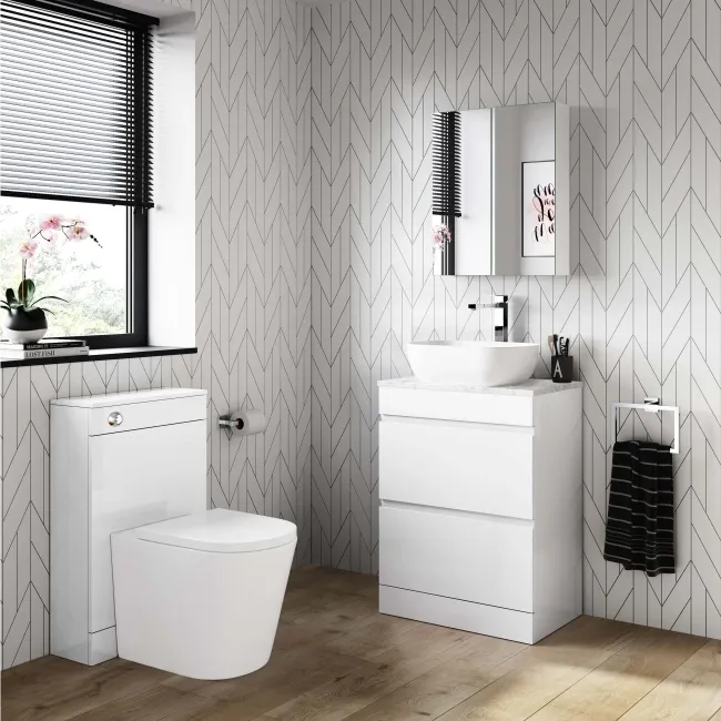 Trent Gloss White Vanity Drawer with Marble Top & Curved Counter Top Basin 600mm
