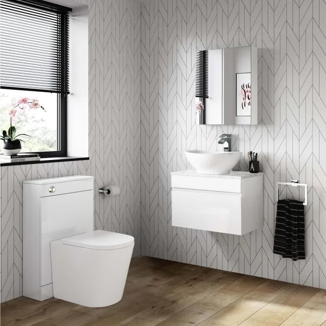 Trent Gloss White Wall Hung Drawer Vanity with Marble Top & Oval Counter Top Basin 600mm