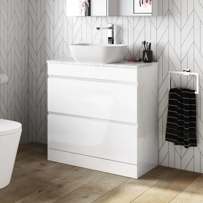 Trent Gloss White Vanity Drawer with Marble Top & Curved Counter Top Basin 800mm