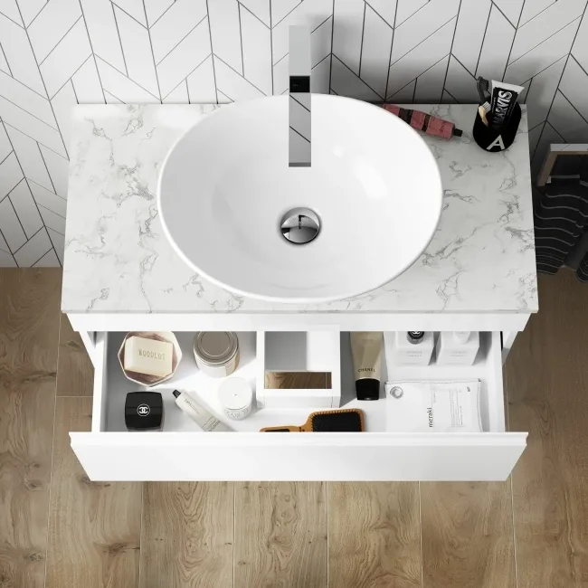 Trent Gloss White Wall Hung Drawer Vanity with Marble Top & Oval Counter Top Basin 800mm