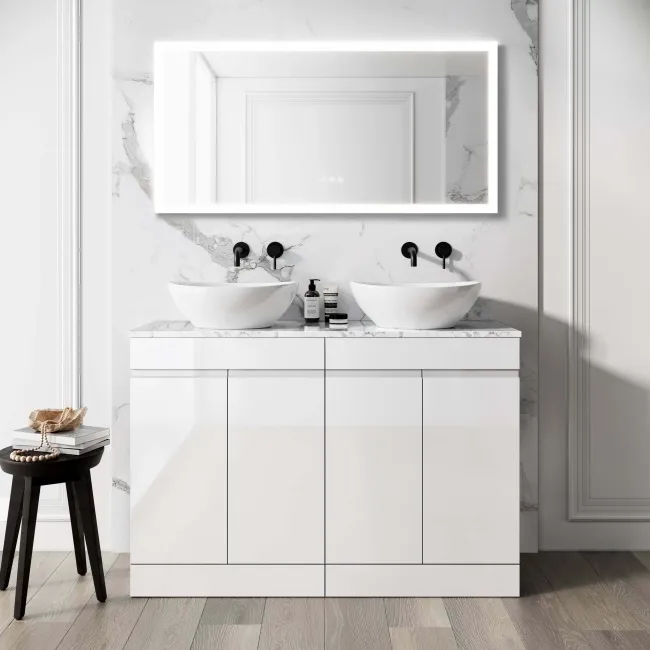 Trent Gloss White Double Vanity with Marble Top & Oval Counter Top Basin 1200mm