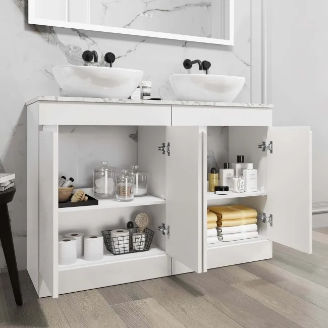 Trent Gloss White Double Vanity with Marble Top & Oval Counter Top Basin 1200mm