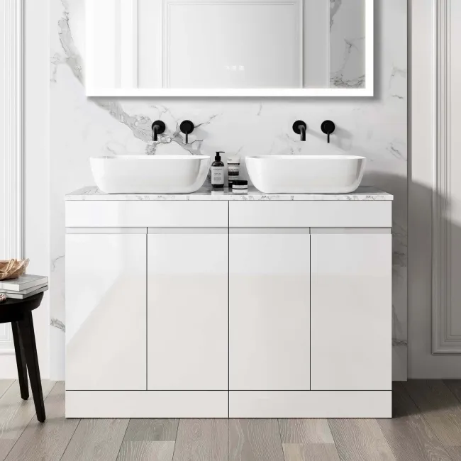 Trent Gloss White Double Vanity with Marble Top & Curved Counter Top Basin 1200mm