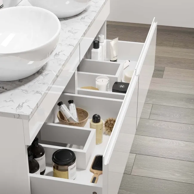 Trent Gloss White Double Vanity Drawer with Marble Top & Oval Counter Top Basin 1200mm