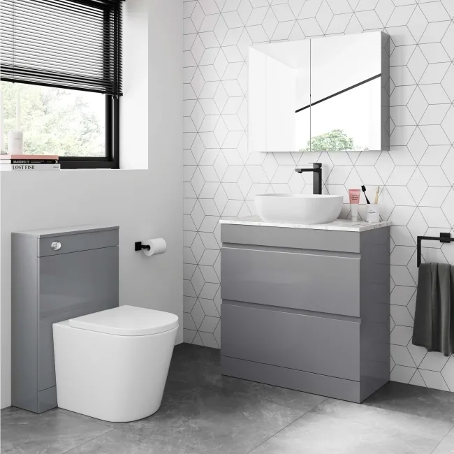 Trent Stone Grey Vanity Drawer with Marble Top & Curved Counter Top Basin 800mm