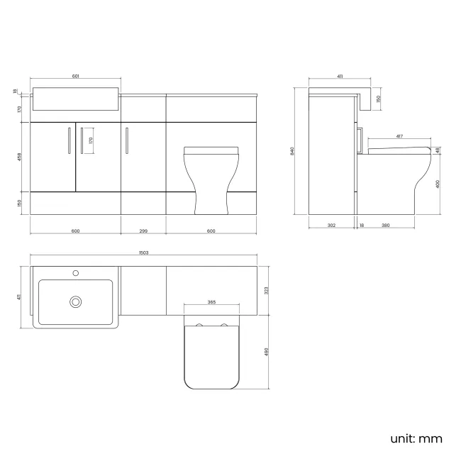 Harper Stone Grey Combination Vanity Basin and Atlanta Toilet 1500mm