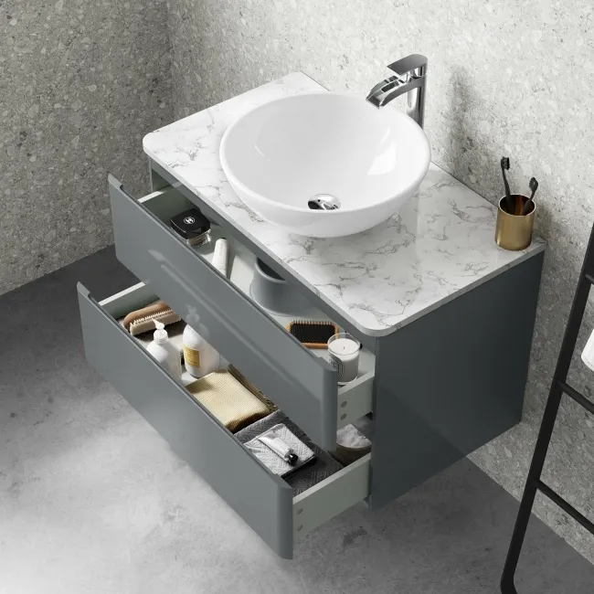 Corsica Storm Grey Wall Hung Drawer Vanity with Marble Top & Round Counter Top Basin 800mm