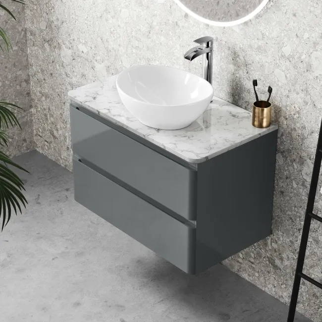 Corsica Storm Grey Wall Hung Drawer Vanity with Marble Top & Oval Counter Top Basin 800mm