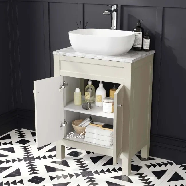 Bermuda Chalk White Vanity with Marble Top & Curved Counter Top Basin 600mm