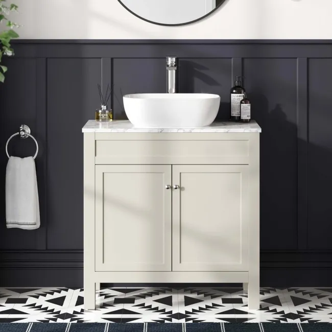 Bermuda Chalk White Vanity with Marble Top & Curved Counter Top Basin 800mm