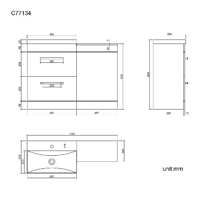 Avon Gloss White Basin Drawer Vanity and Back To Wall Toilet Unit 1100mm - Excludes Toilet