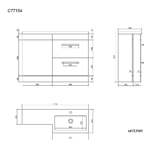 Avon Gloss White Basin Vanity Drawer and Back To Wall Unit 1100mm - Right Handed