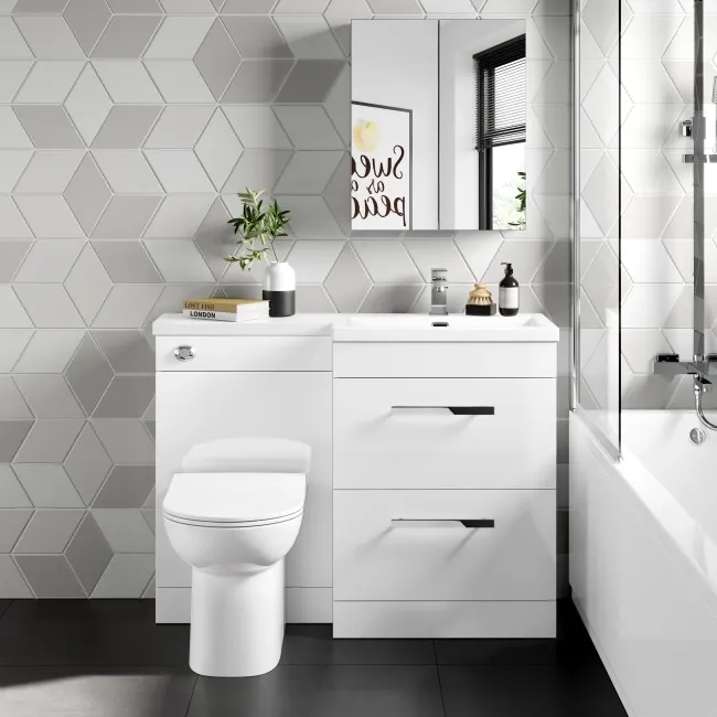 Avon Gloss White Combination Basin Drawer and Aruba Toilet 1100mm - Right Handed