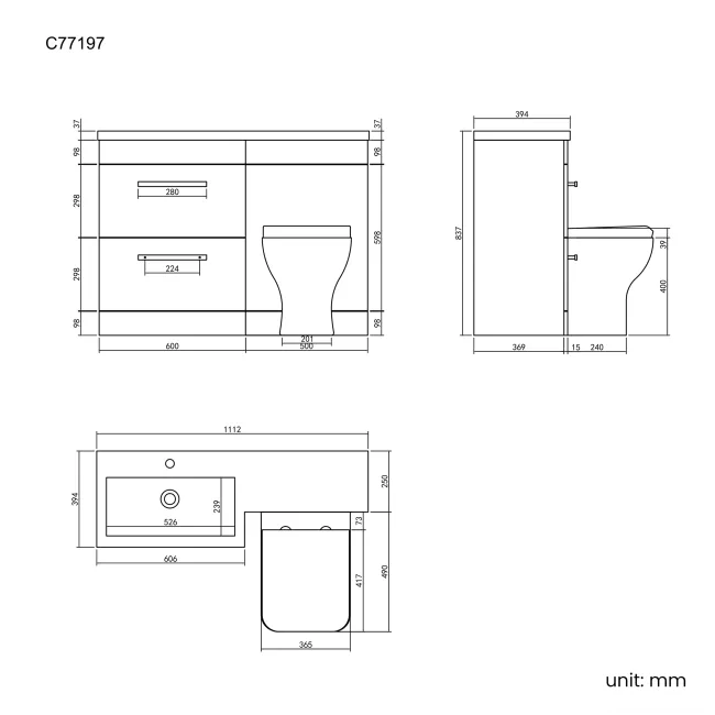 Avon Stone Grey Combination Basin Drawer and Atlanta Toilet 1100mm - Left Handed