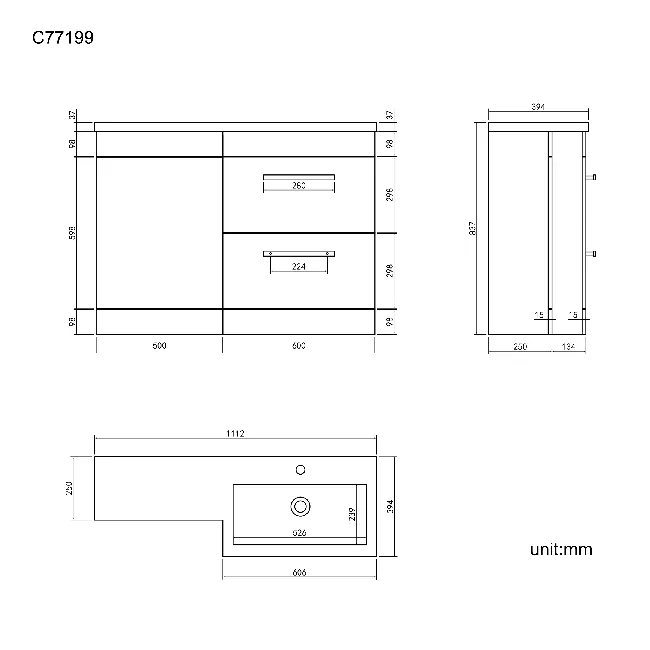 Avon Stone Grey Basin Vanity Drawer and Back To Wall Unit 1100mm - Right Handed