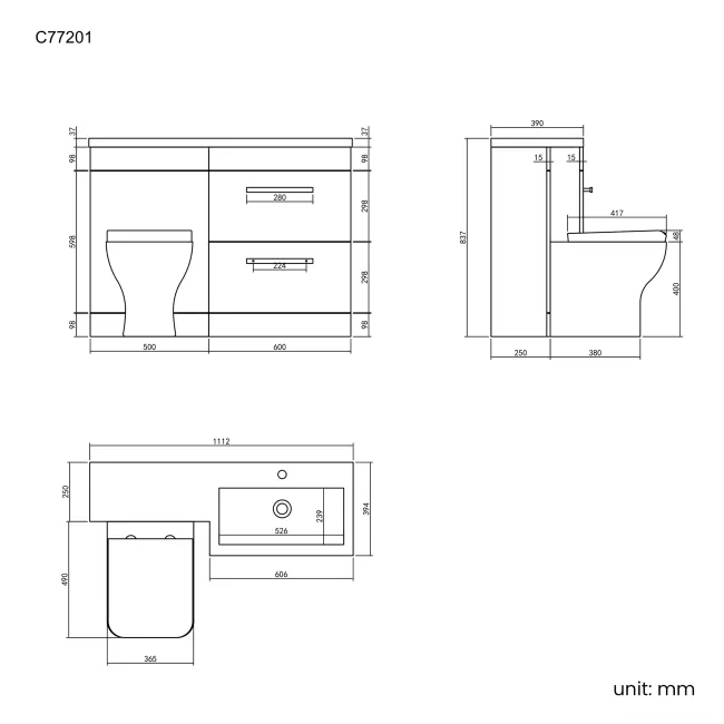 Avon Stone Grey Combination Basin Drawer and Atlanta Toilet 1100mm - Right Handed