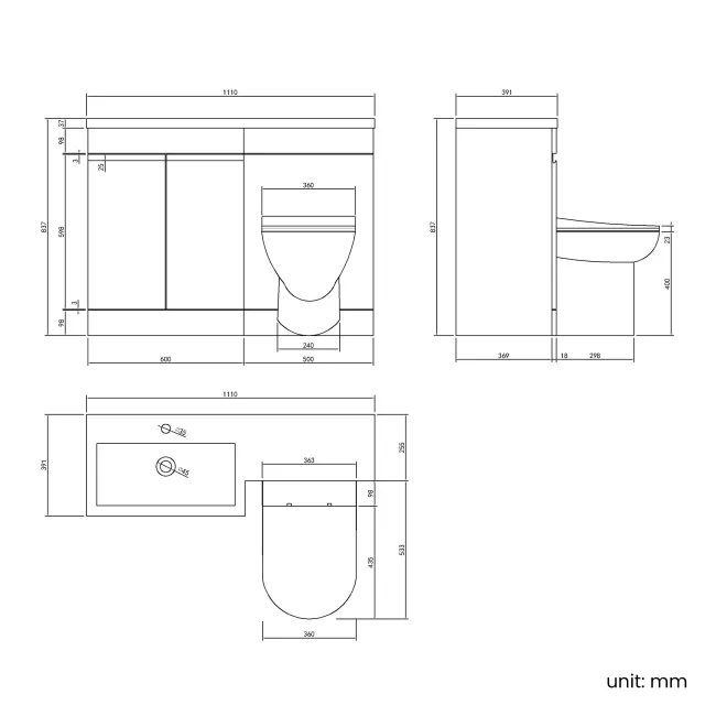Trent Gloss White Combination Vanity Basin and Aruba Toilet 1100mm - Left Handed