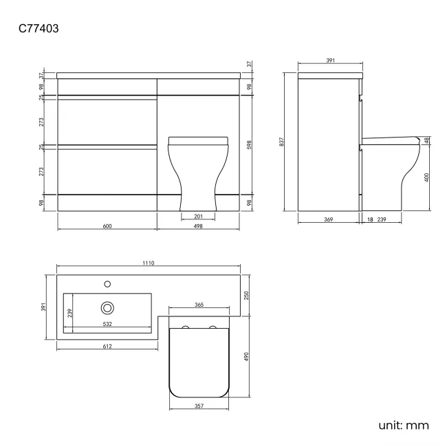 Trent Stone Grey Combination Basin Drawer and Atlanta Toilet 1100mm - Left Handed