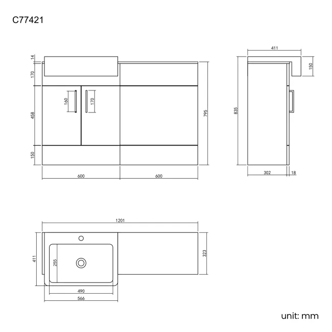 Harper Gloss White Basin Vanity with Marble Top & Back To Wall Unit 1200mm