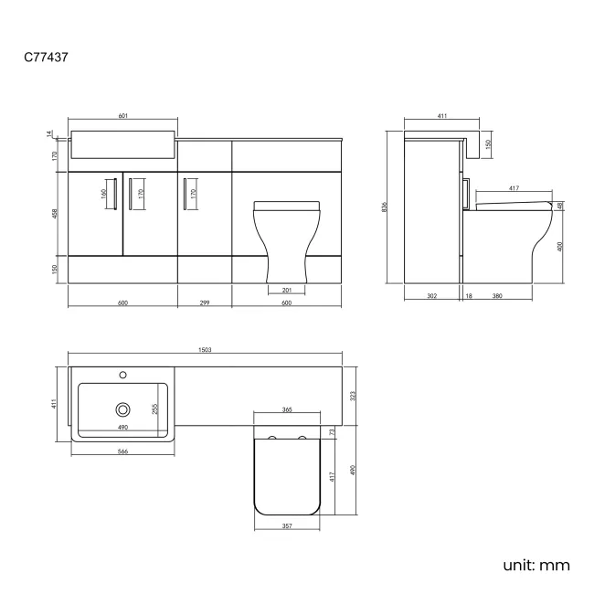 Harper Stone Grey Combination Vanity Basin with Marble Top & Atlanta Toilet 1500mm