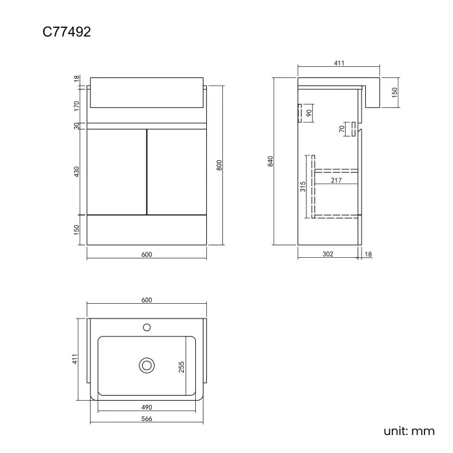 Foster Gloss White Vanity with Semi Recessed Basin 600mm