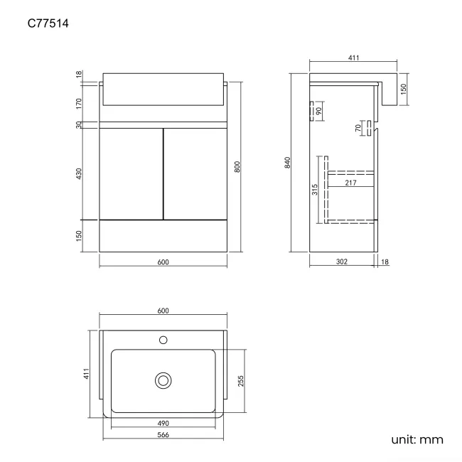 Foster Stone Grey Vanity with Semi Recessed Basin 600mm