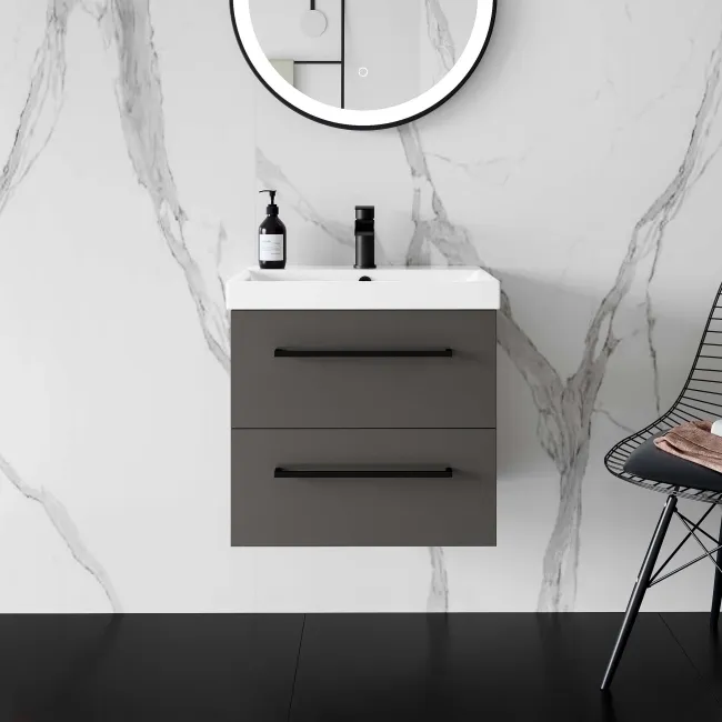 Elba Graphite Grey Wall Hung Basin Drawer Vanity 500mm - Black Accents