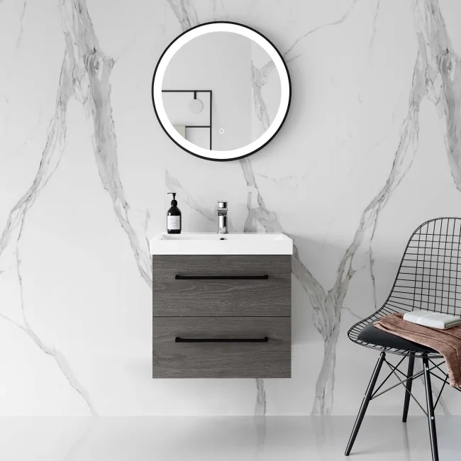 Elba Charcoal Elm Wall Hung Basin Drawer Vanity 500mm - Black Accents