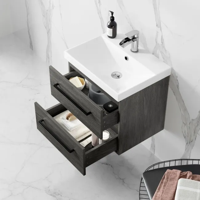 Elba Charcoal Elm Wall Hung Basin Drawer Vanity 500mm - Black Accents